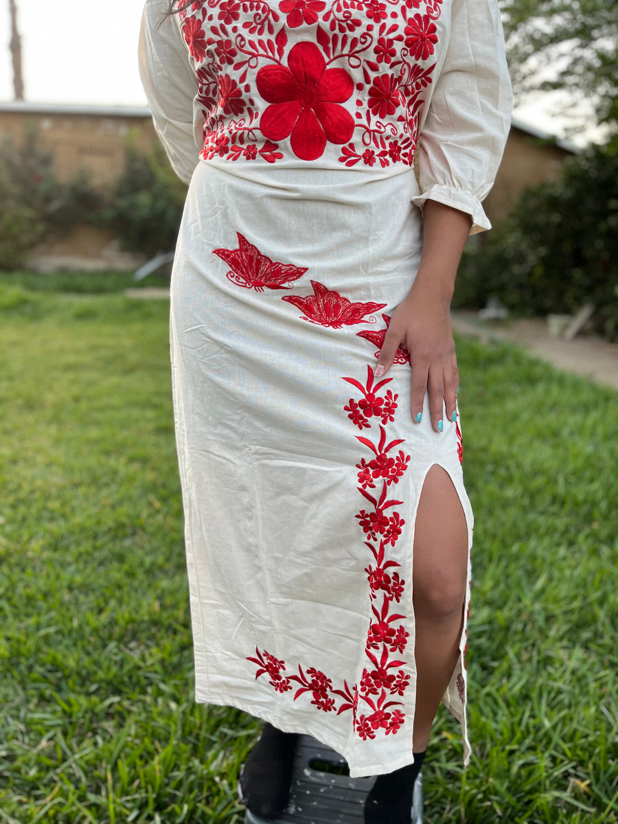 Red Flowers Embroidered Spring Dress, Mexican Embroidered Dress – Malintzyn