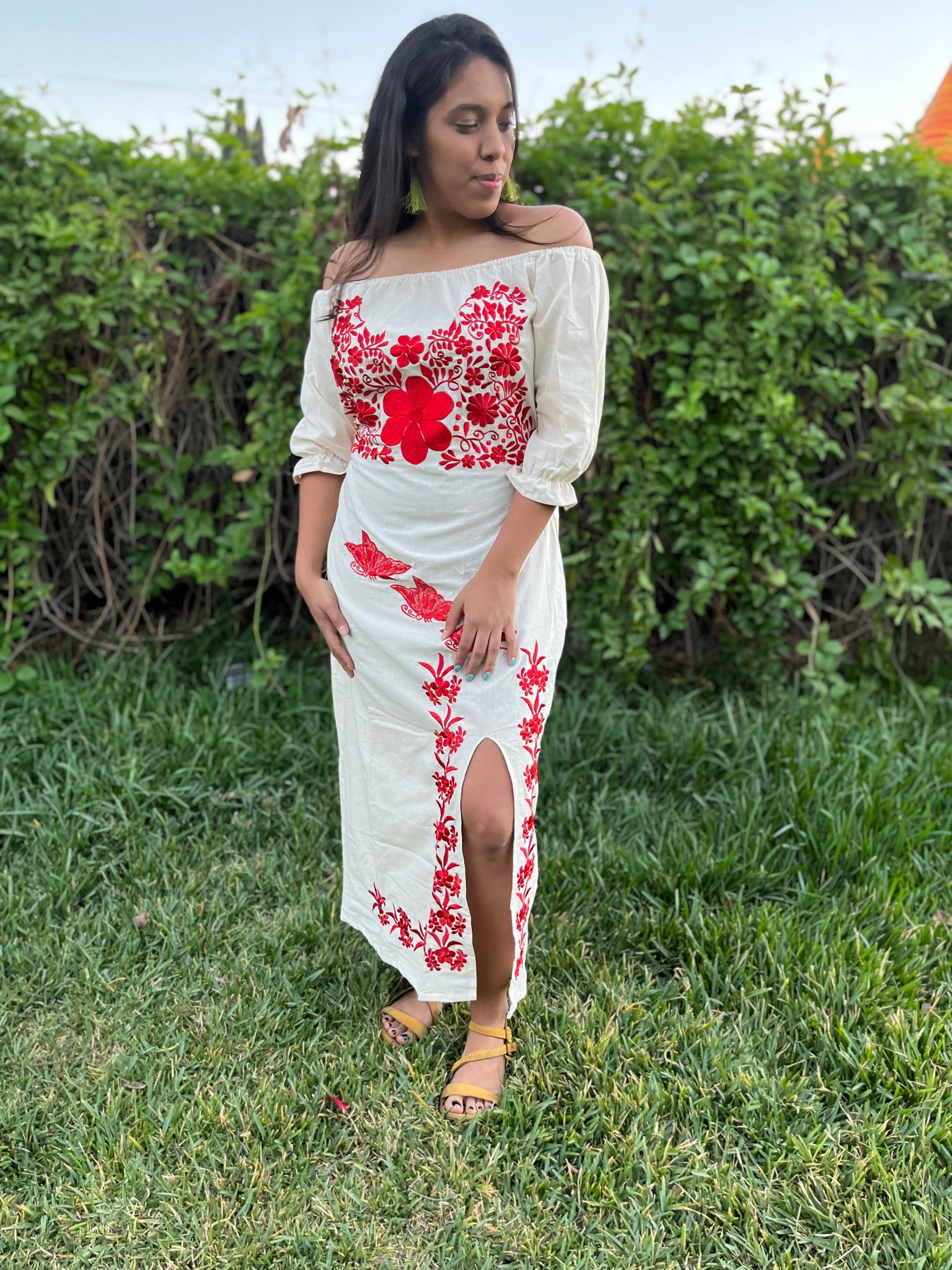 Red Flowers Embroidered Spring Dress, Mexican Embroidered Dress Red Flowers Embroidered Spring Dress, Mexican Embroidered Dress