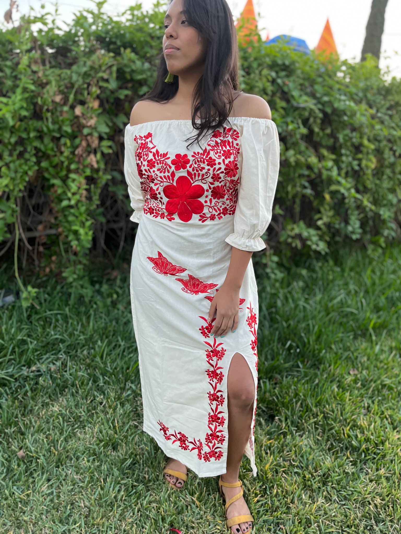 White and red embroidered dress best sale