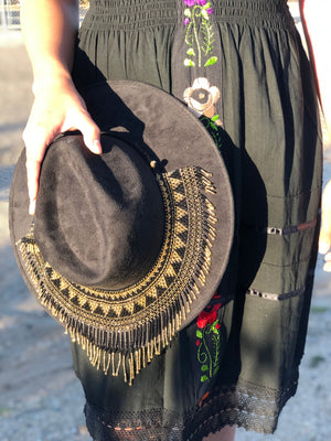 Black & Gold  Boho Western Mexican Artisanal Fedora Hat and Chaquira Beads Toaquilla, Sombrero y Toaquilla de Chaquira