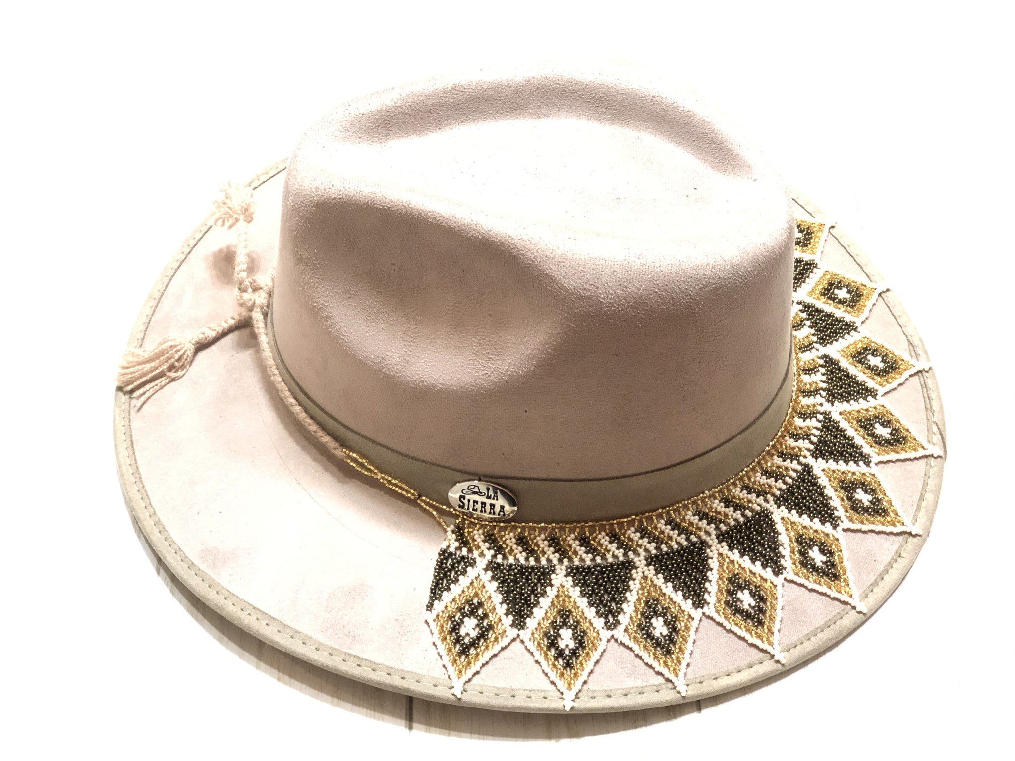 Beige Boho Western Mexican Artisanal Fedora Hat and Chaquira Beads Toaquilla, Sombrero y Toaquilla de Chaquira